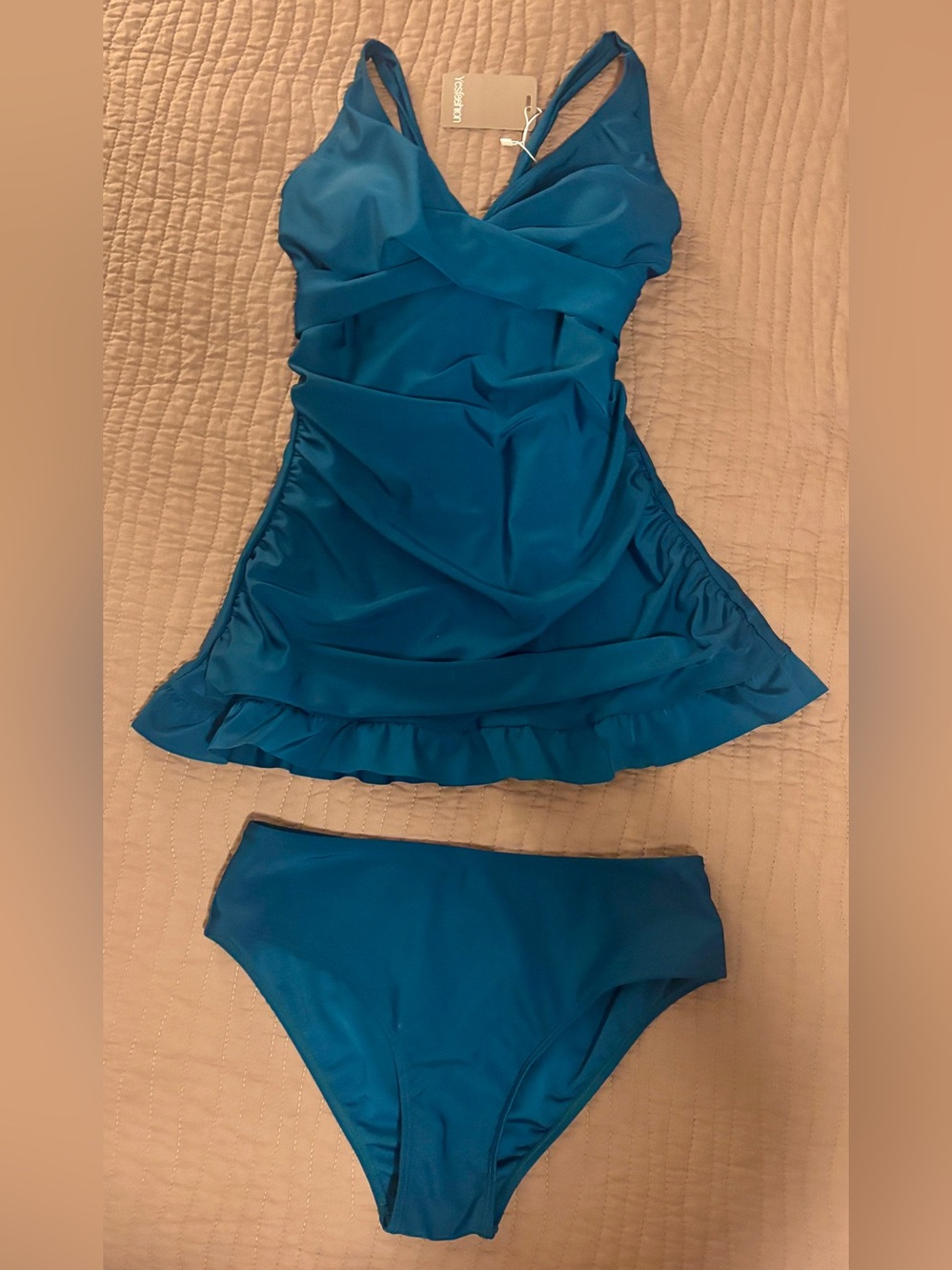 Back Tie Ruffle Bikini Set: Adjustable Bandeau & High Waist Bottoms In Sea Green - Picture 2 of 7